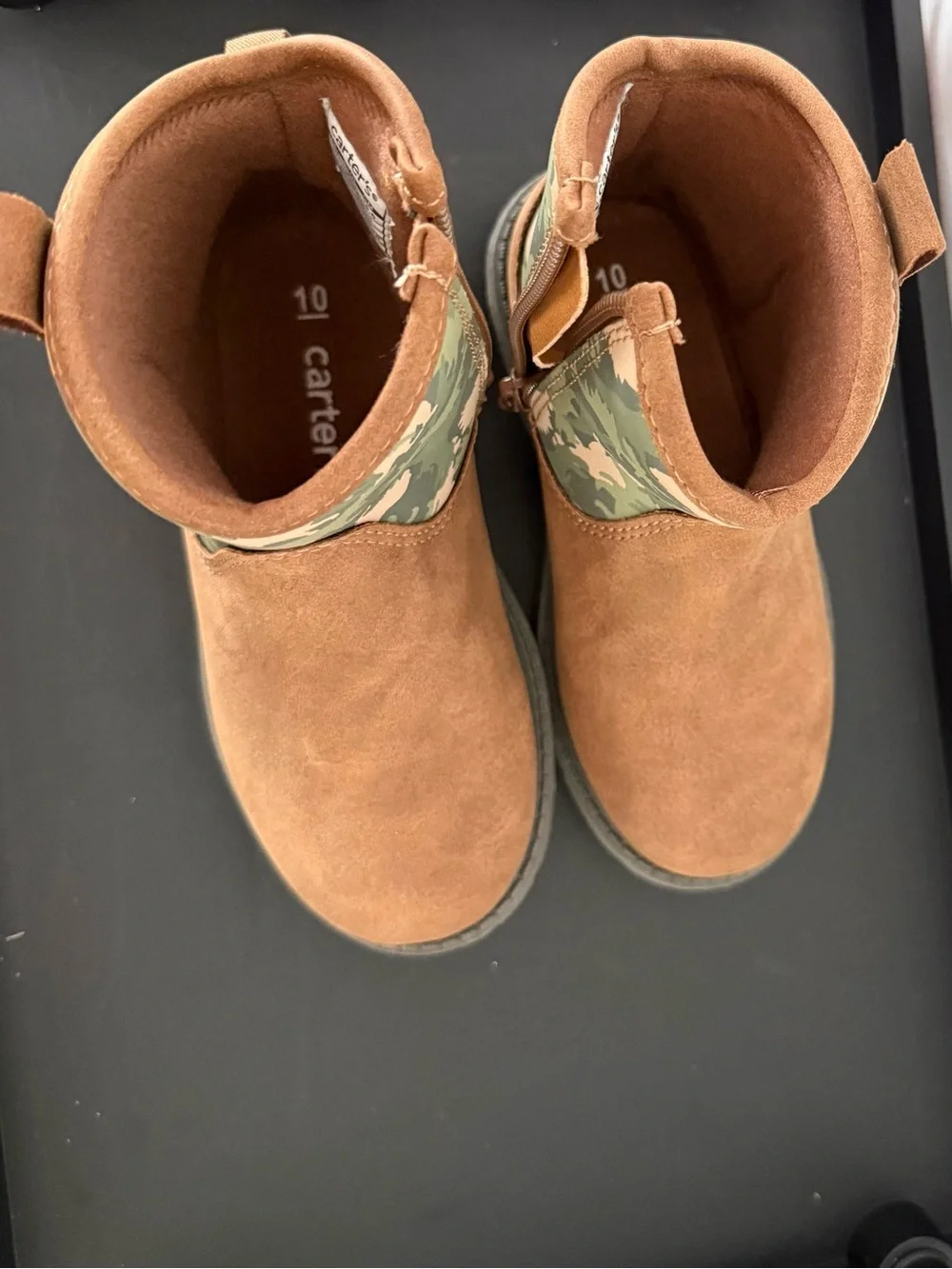 Carter's Brown Suede-Look Ankle Boots with Green Camo Dinosaur Accent